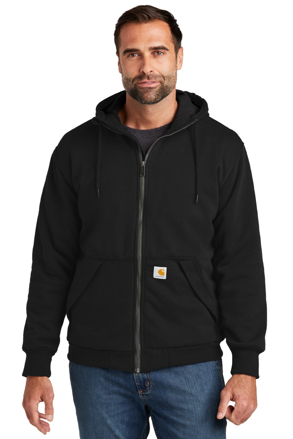 Carhartt CT104078 Mens Water Resistant Thermal Lined Full Zip Hooded Sweatshirt Hoodie w/ Pockets Black Model Front