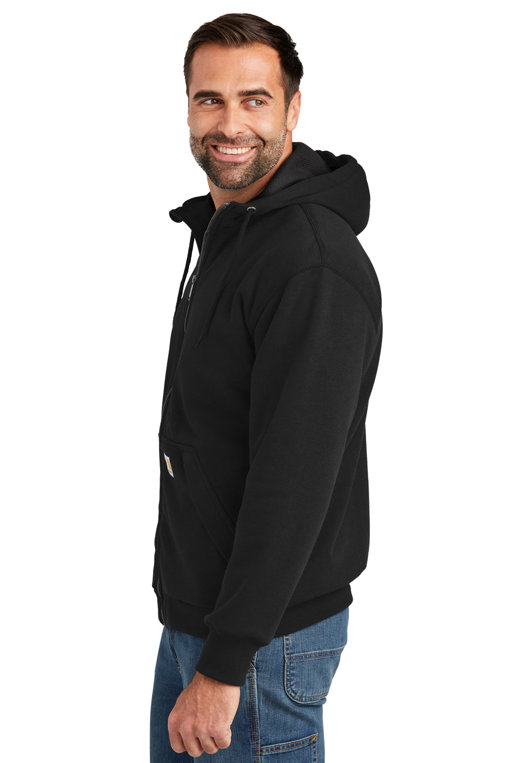 Carhartt CT104078 Mens Water Resistant Thermal Lined Full Zip Hooded Sweatshirt Hoodie Black Model Side