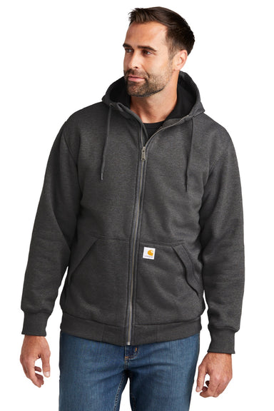 Carhartt CT104078 Mens Water Resistant Thermal Lined Full Zip Hooded Sweatshirt Hoodie w/ Pockets Heather Carbon Grey Model Front