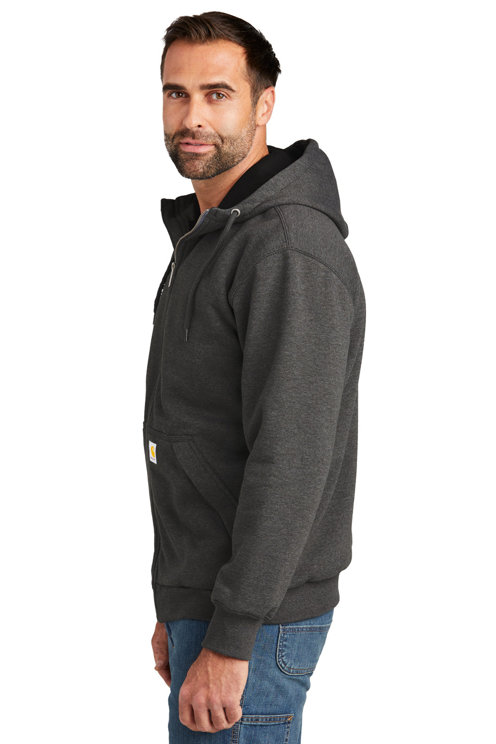 Carhartt CT104078 Mens Water Resistant Thermal Lined Full Zip Hooded Sweatshirt Hoodie Heather Carbon Grey Model Side