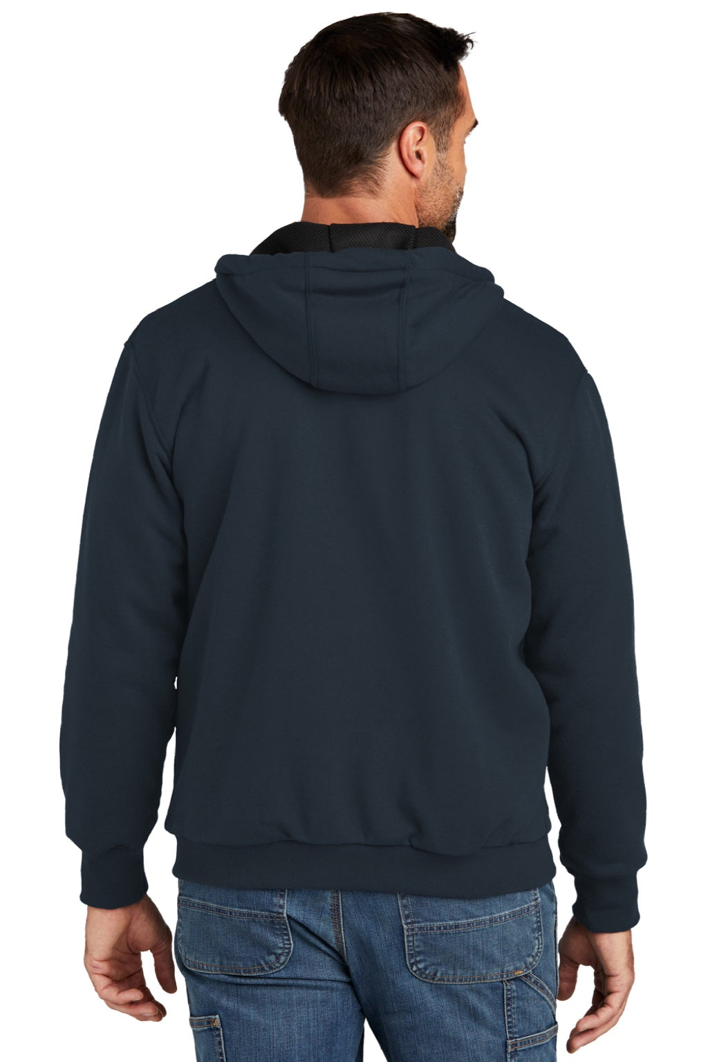 Carhartt CT104078 Mens Water Resistant Thermal Lined Full Zip Hooded Sweatshirt Hoodie w/ Pockets New Navy Blue Model Back