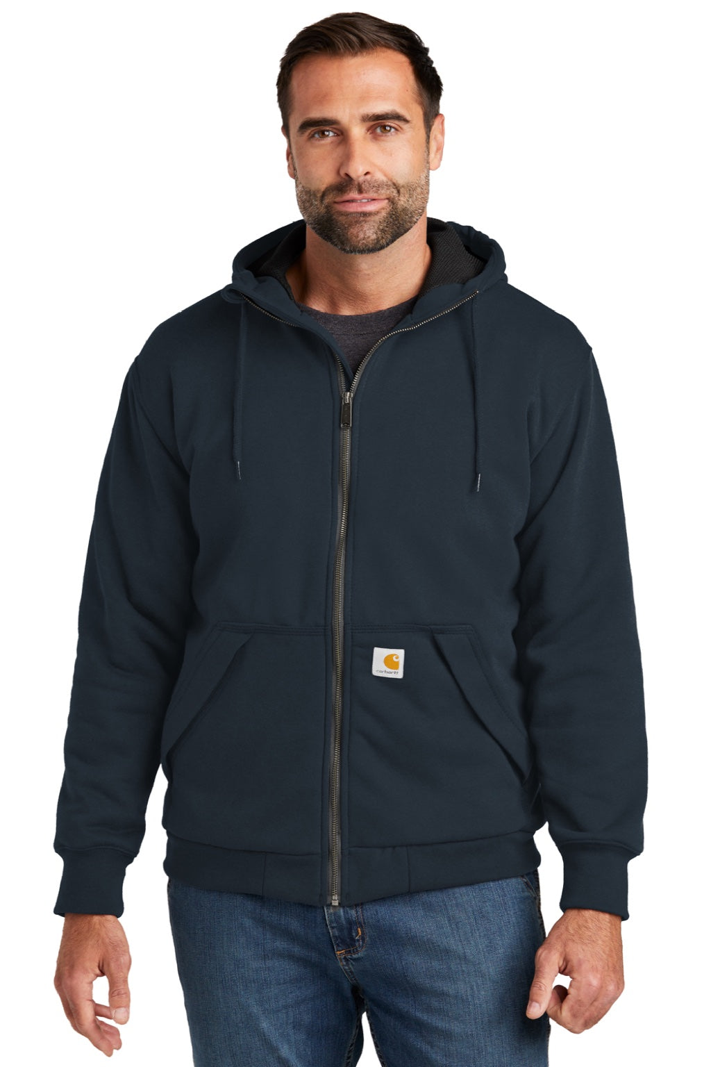 Carhartt CT104078 Mens Water Resistant Thermal Lined Full Zip Hooded Sweatshirt Hoodie w/ Pockets New Navy Blue Model Front