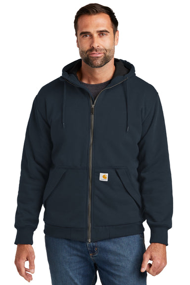 Carhartt CT104078 Mens Water Resistant Thermal Lined Full Zip Hooded Sweatshirt Hoodie w/ Pockets New Navy Blue Model Front
