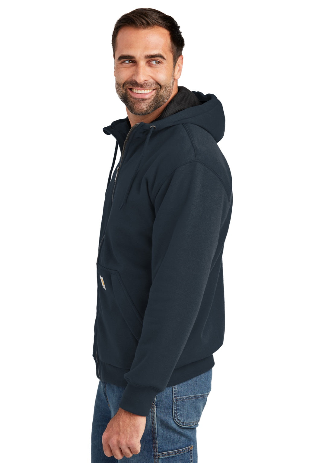 Carhartt CT104078 Mens Water Resistant Thermal Lined Full Zip Hooded Sweatshirt Hoodie w/ Pockets New Navy Blue Model Side