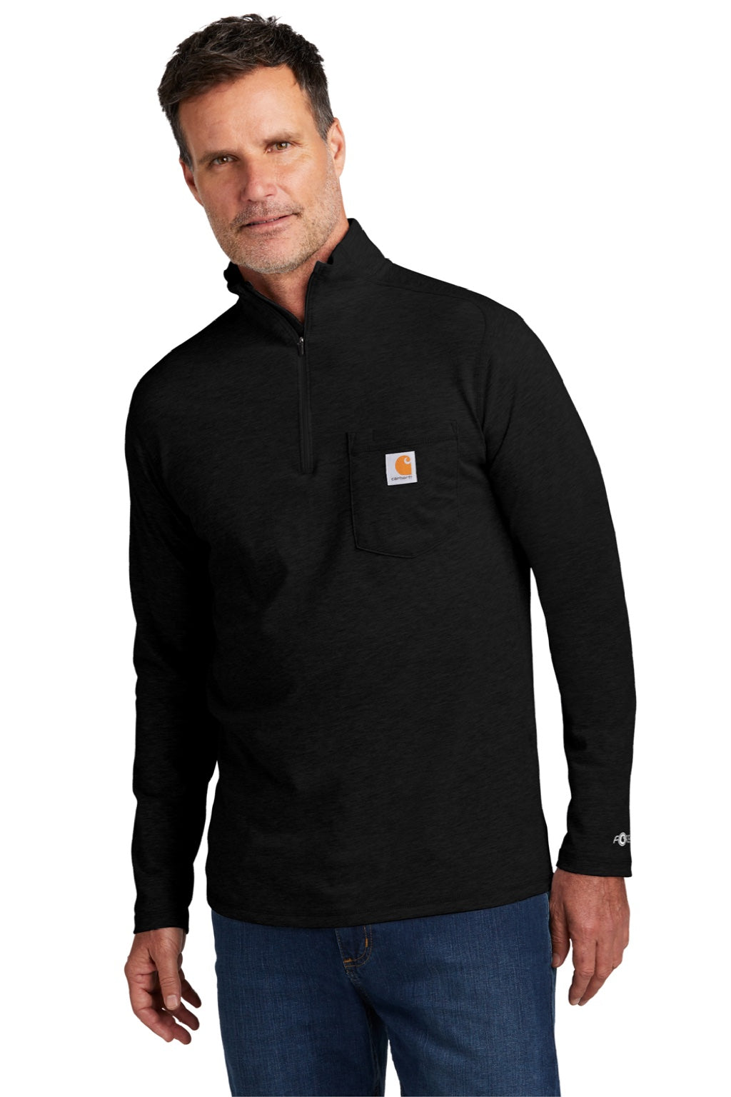 Carhartt CT104255/CT106660 Mens Force Moisture Wicking 1/4 Zip Long Sleeve T-Shirt w/ Pocket Black Model Front
