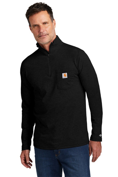 Carhartt CT104255/CT106660 Mens Force Moisture Wicking 1/4 Zip Long Sleeve T-Shirt w/ Pocket Black Model Front