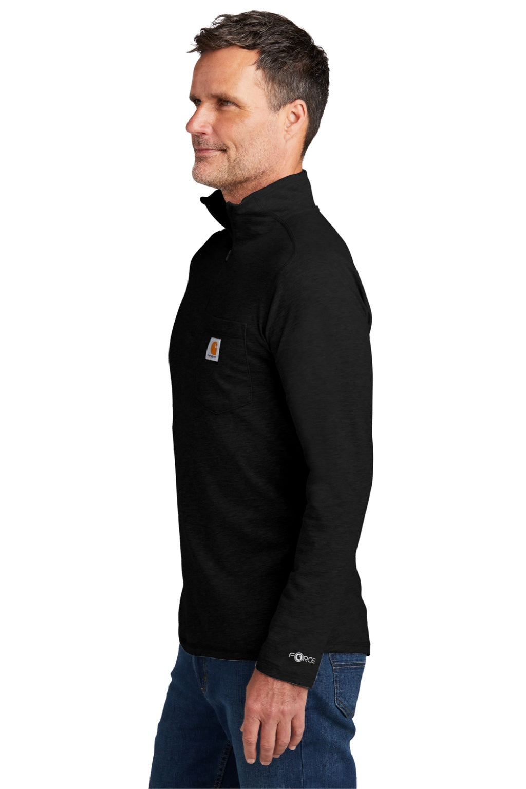 Carhartt CT104255/CT106660 Mens Force Moisture Wicking 1/4 Zip Long Sleeve T-Shirt w/ Pocket Black Model Side