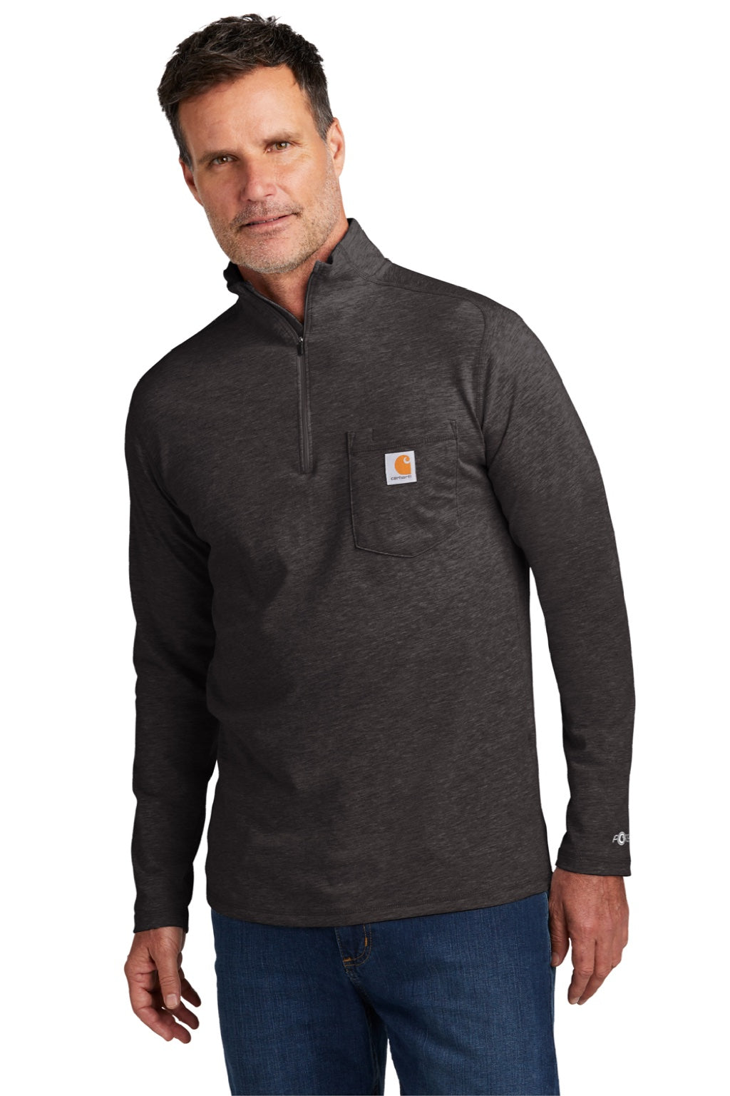 Carhartt CT104255/CT106660 Mens Force Moisture Wicking 1/4 Zip Long Sleeve T-Shirt w/ Pocket Heather Carbon Grey Model Front