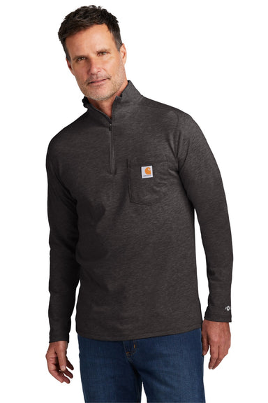 Carhartt CT104255/CT106660 Mens Force Moisture Wicking 1/4 Zip Long Sleeve T-Shirt w/ Pocket Heather Carbon Grey Model Front
