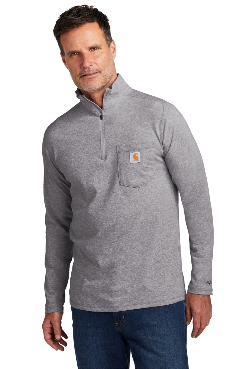 Carhartt CT104255/CT106660 Mens Force Moisture Wicking 1/4 Zip Long Sleeve T-Shirt w/ Pocket Heather Grey Model Front