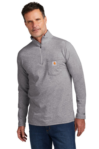 Carhartt CT104255/CT106660 Mens Force Moisture Wicking 1/4 Zip Long Sleeve T-Shirt w/ Pocket Heather Grey Model Front
