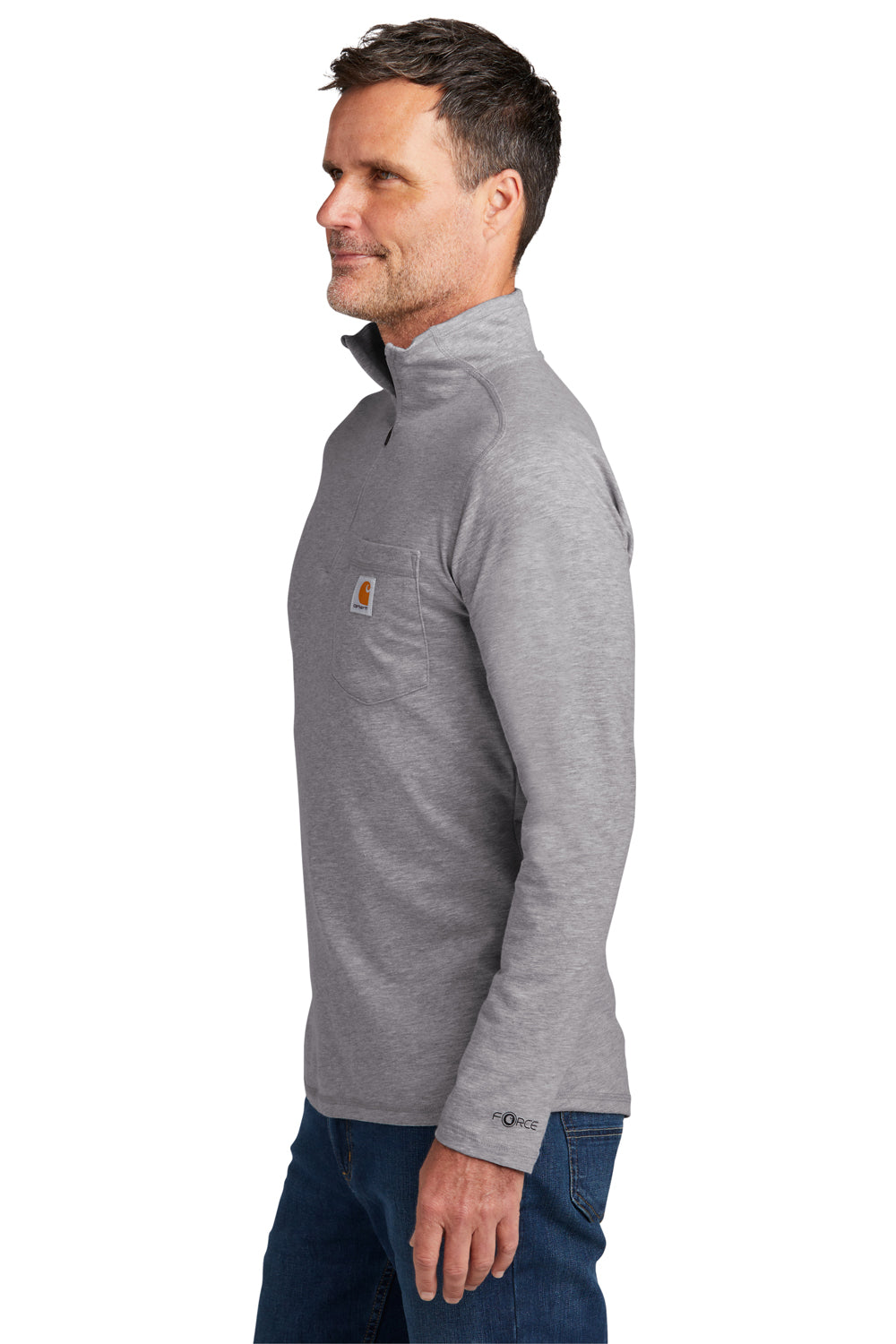 Carhartt CT104255 Mens Force Moisture Wicking 1/4 Zip Long Sleeve T-Shirt w/ Pocket Heather Grey Model Side