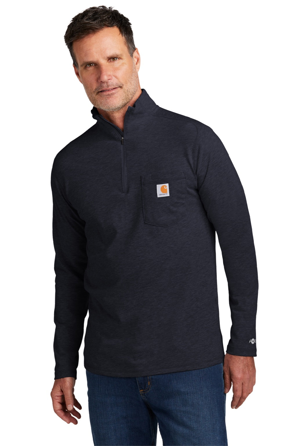 Carhartt CT104255/CT106660 Mens Force Moisture Wicking 1/4 Zip Long Sleeve T-Shirt w/ Pocket Navy Blue Model Front