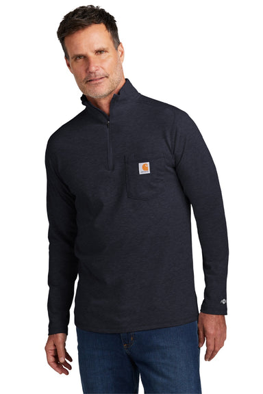 Carhartt CT104255/CT106660 Mens Force Moisture Wicking 1/4 Zip Long Sleeve T-Shirt w/ Pocket Navy Blue Model Front