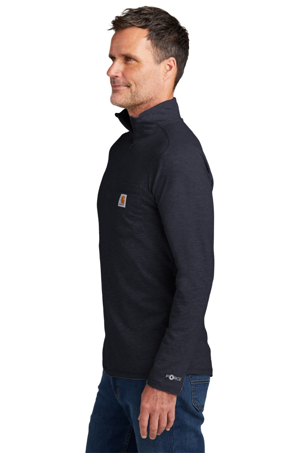 Carhartt CT104255/CT106660 Mens Force Moisture Wicking 1/4 Zip Long Sleeve T-Shirt w/ Pocket Navy Blue Model Side