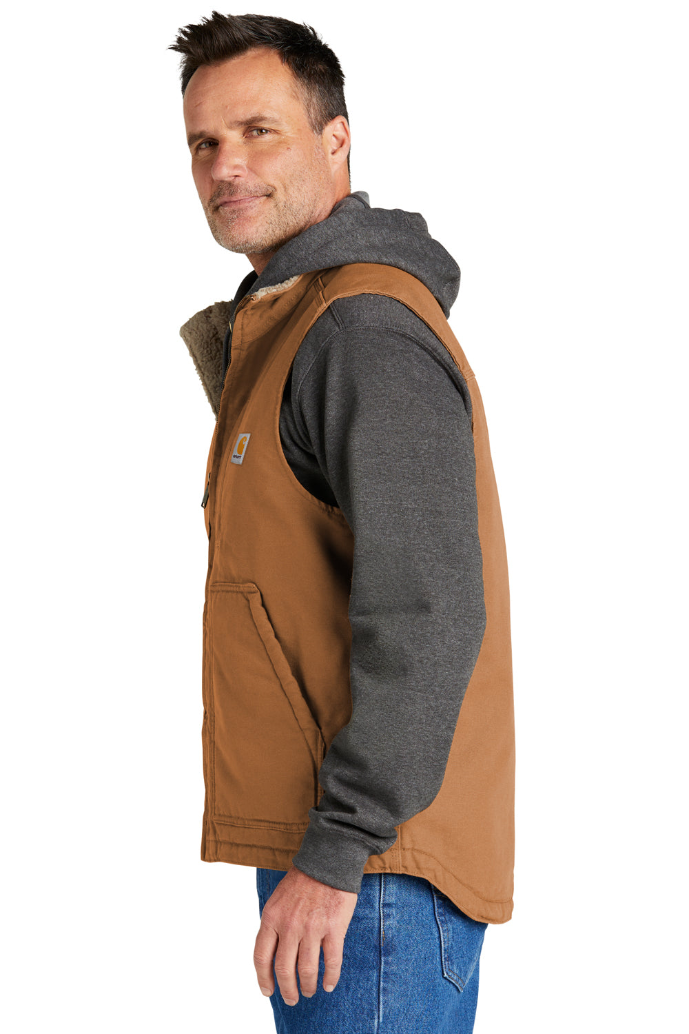 Carhartt CT104277 Mens Sherpa Lined Mock Neck Full Zip Vest Carhartt Brown Model Side