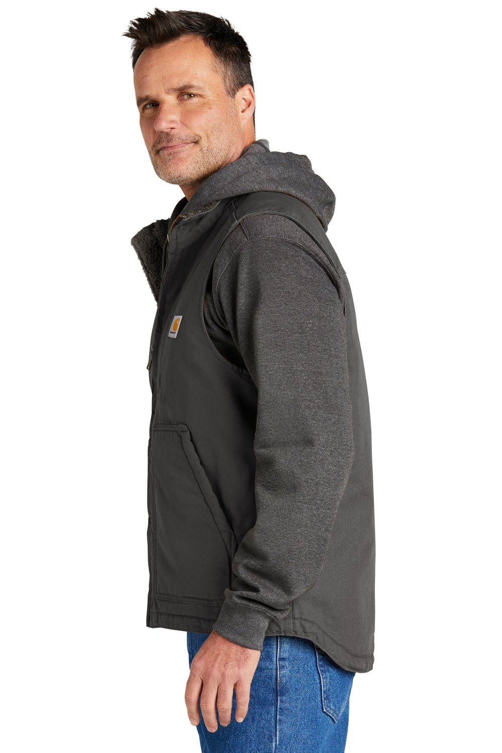 Carhartt CT104277 Mens Sherpa Lined Mock Neck Full Zip Vest Gravel Grey Model Side