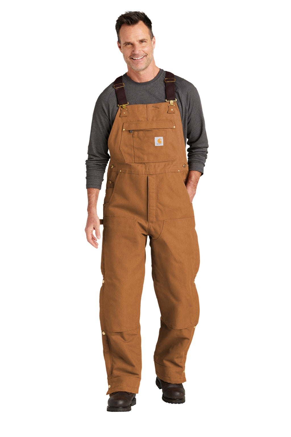 Carhartt CT104393/CTS104393/CTT104393/CT106672/CTS106672/CTT106672 Mens Firm Duck Insulated Bib Overalls w/ Pockets Carhartt Brown Model Front