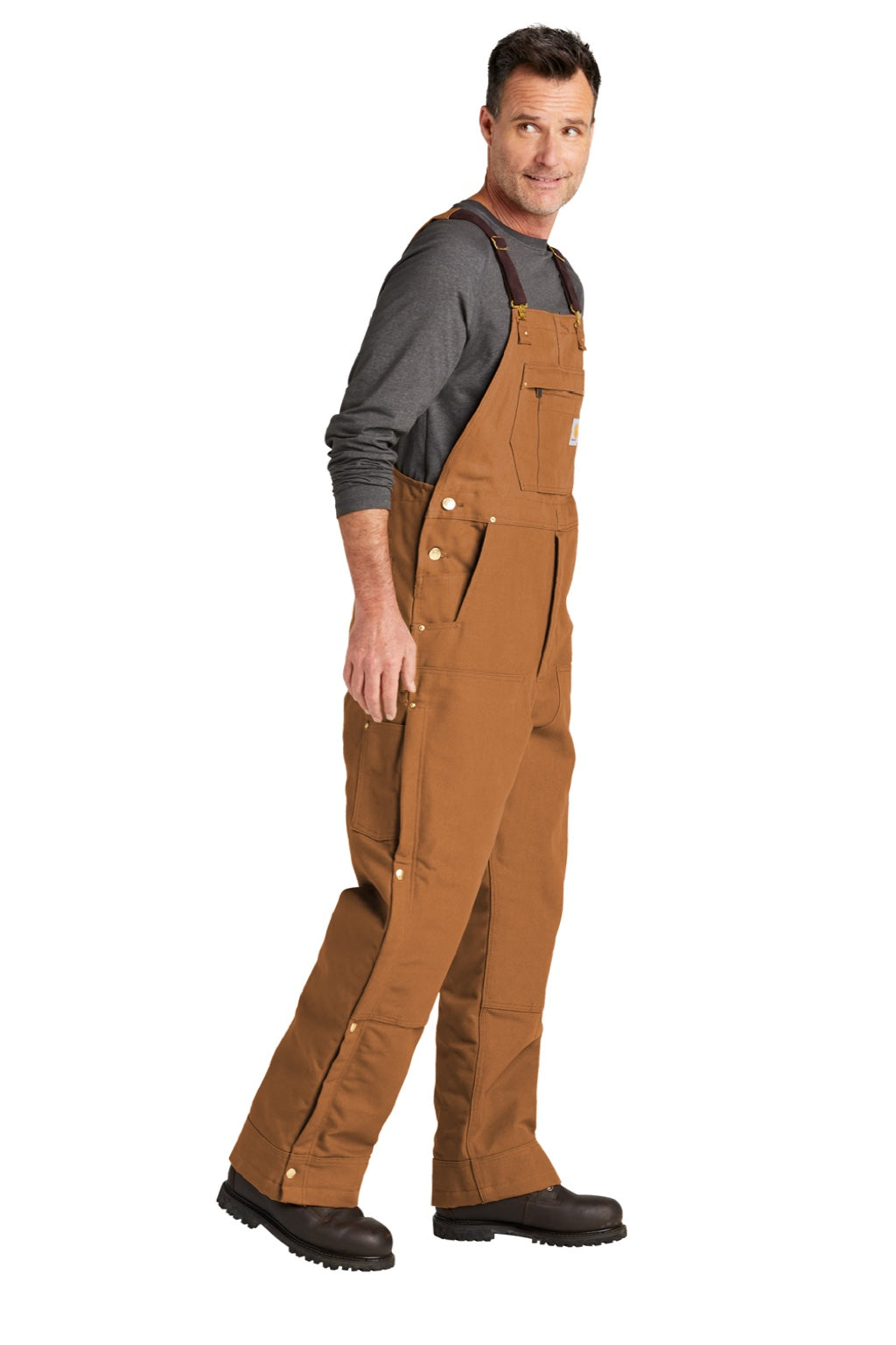 Carhartt CT104393/CTS104393/CTT104393/CT106672/CTS106672/CTT106672 Mens Firm Duck Insulated Bib Overalls w/ Pockets Carhartt Brown Model Side