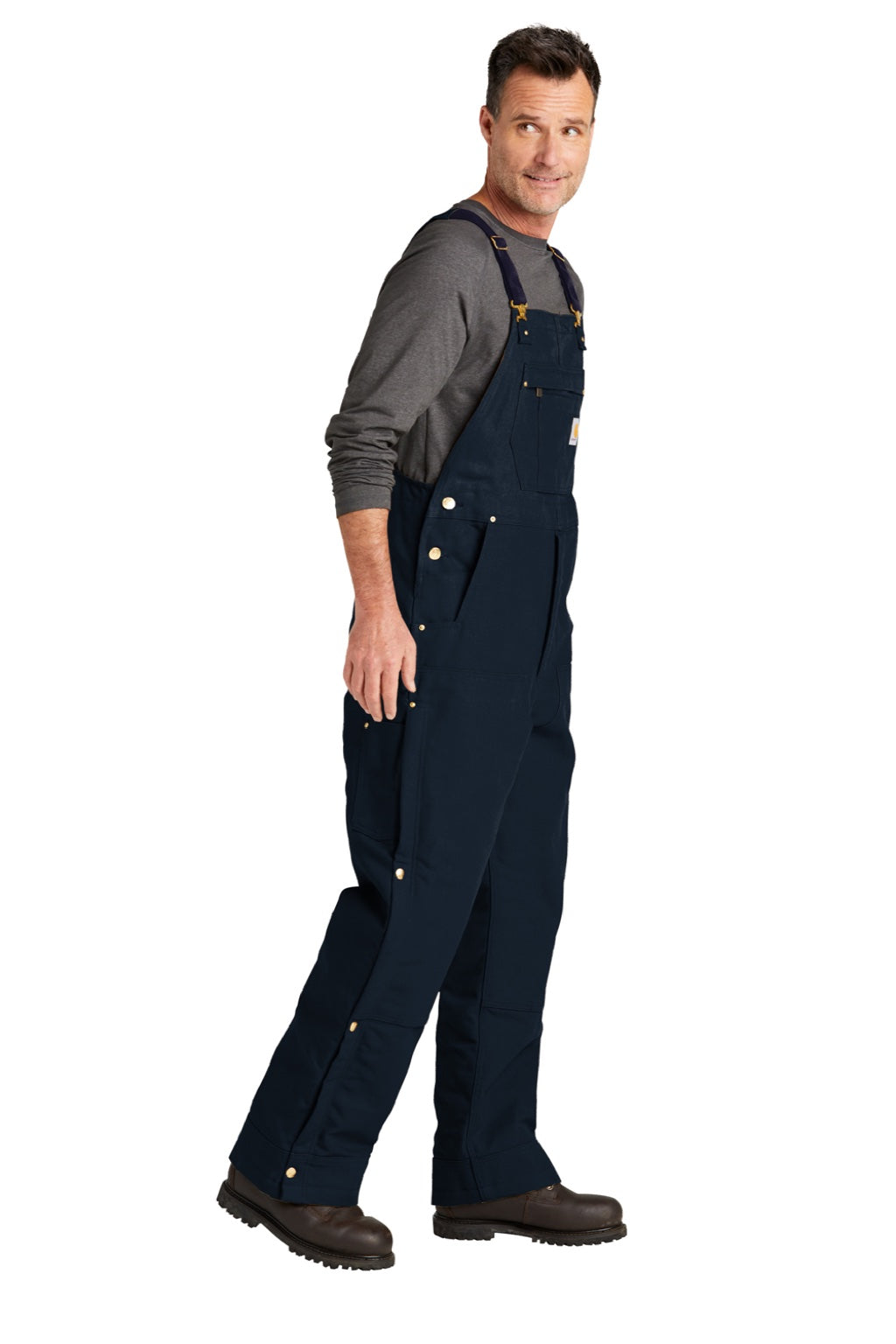 Carhartt CT104393/CTS104393/CTT104393/CT106672/CTS106672/CTT106672 Mens Firm Duck Insulated Bib Overalls w/ Pockets Dark Navy Blue Model Side