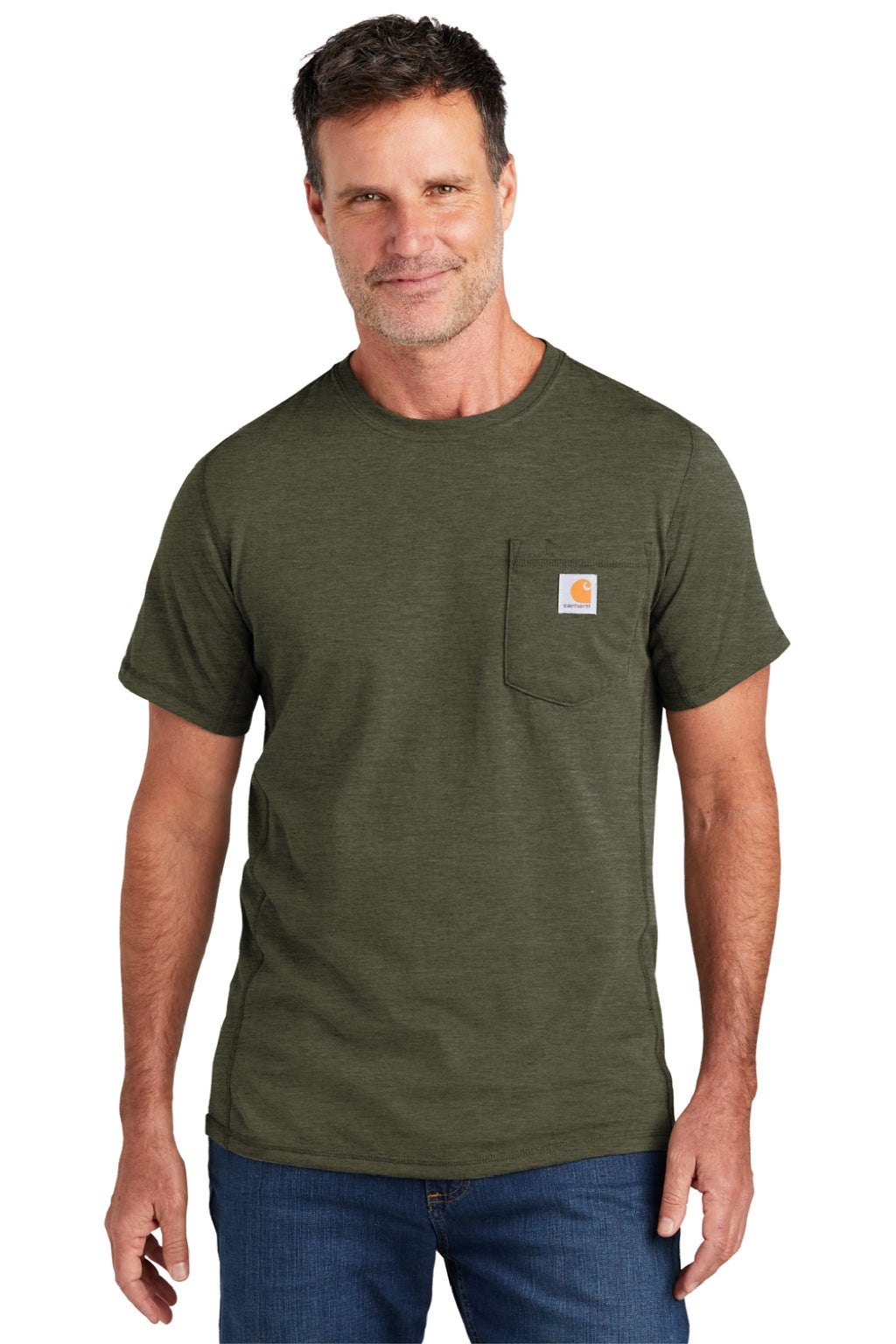 Carhartt CT104616/CT106652 Mens Force Moisture Wicking Short Sleeve Crewneck T-Shirt w/ Pocket Heather Basil Green Model Front