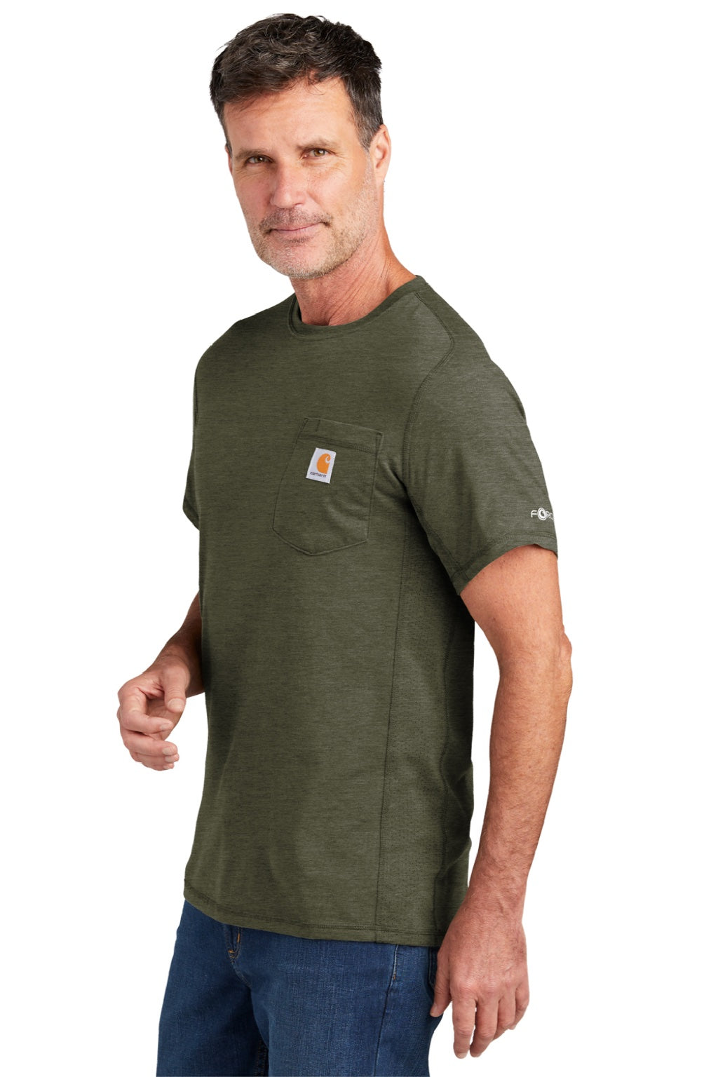 Carhartt CT104616/CT106652 Mens Force Moisture Wicking Short Sleeve Crewneck T-Shirt w/ Pocket Heather Basil Green Model Side