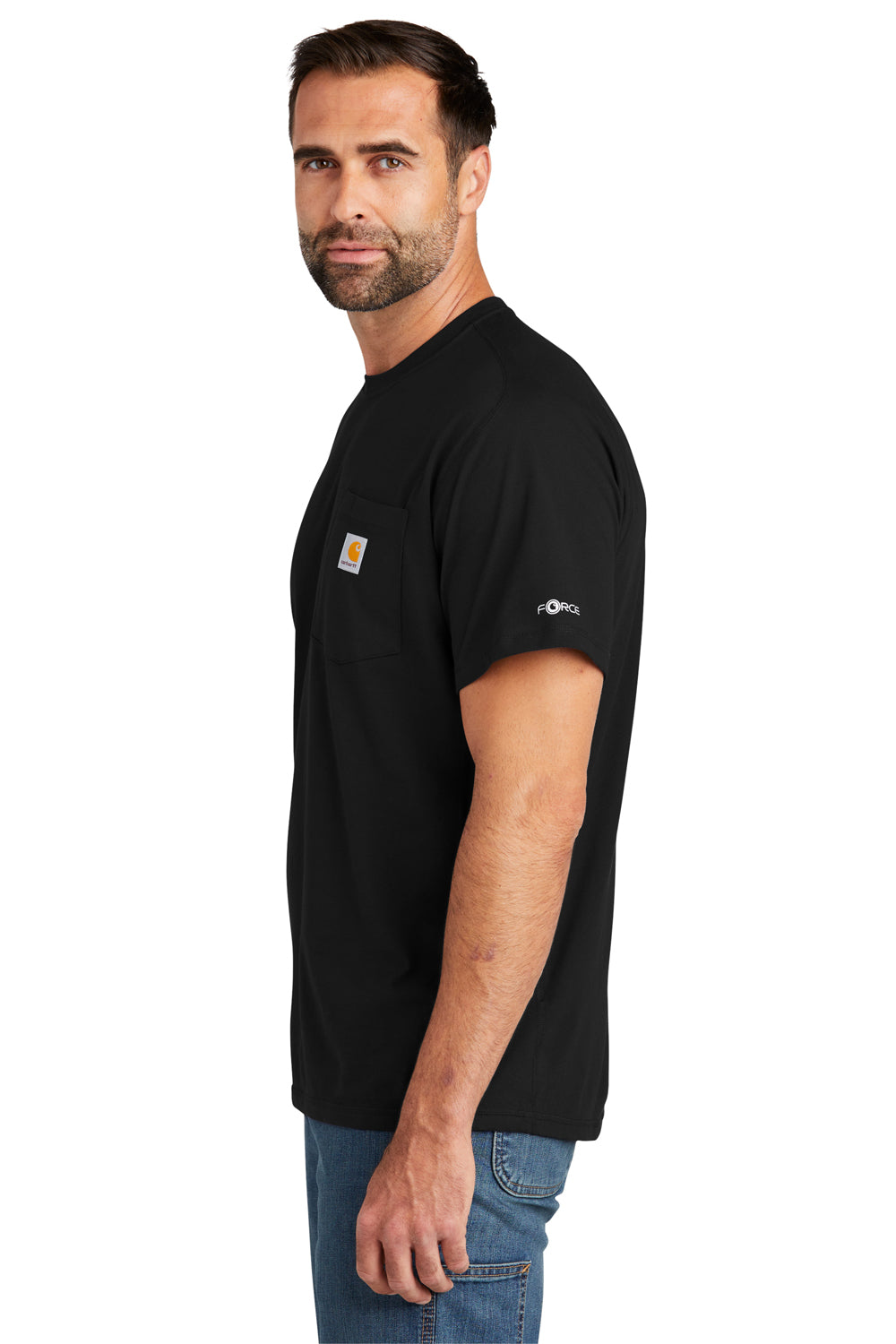 Carhartt CT104616 Mens Force Moisture Wicking Short Sleeve Crewneck T-Shirt w/ Pocket Black Model Side