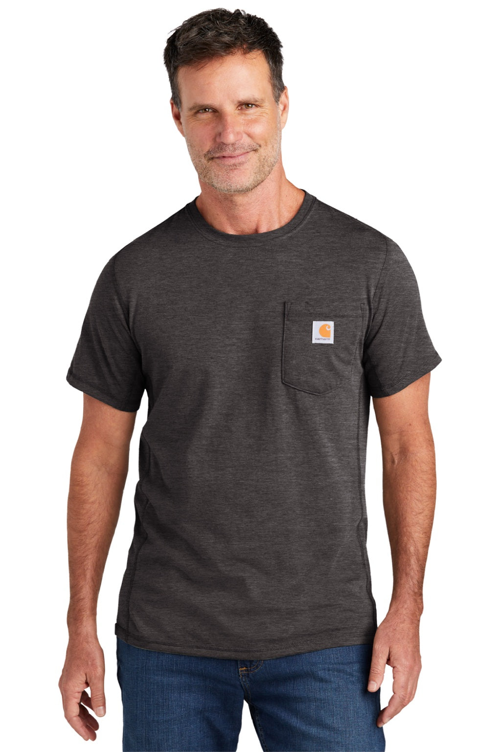 Carhartt CT104616/CT106652 Mens Force Moisture Wicking Short Sleeve Crewneck T-Shirt w/ Pocket Heather Carbon Grey Model Front