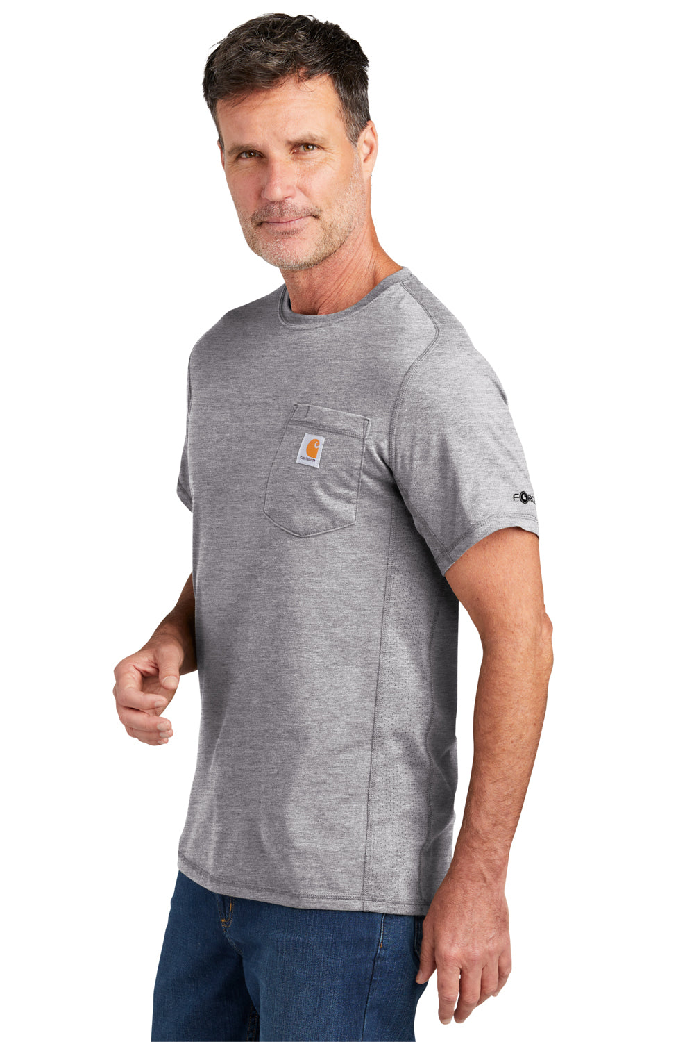 Carhartt CT104616 Mens Force Moisture Wicking Short Sleeve Crewneck T-Shirt w/ Pocket Heather Grey Model Side