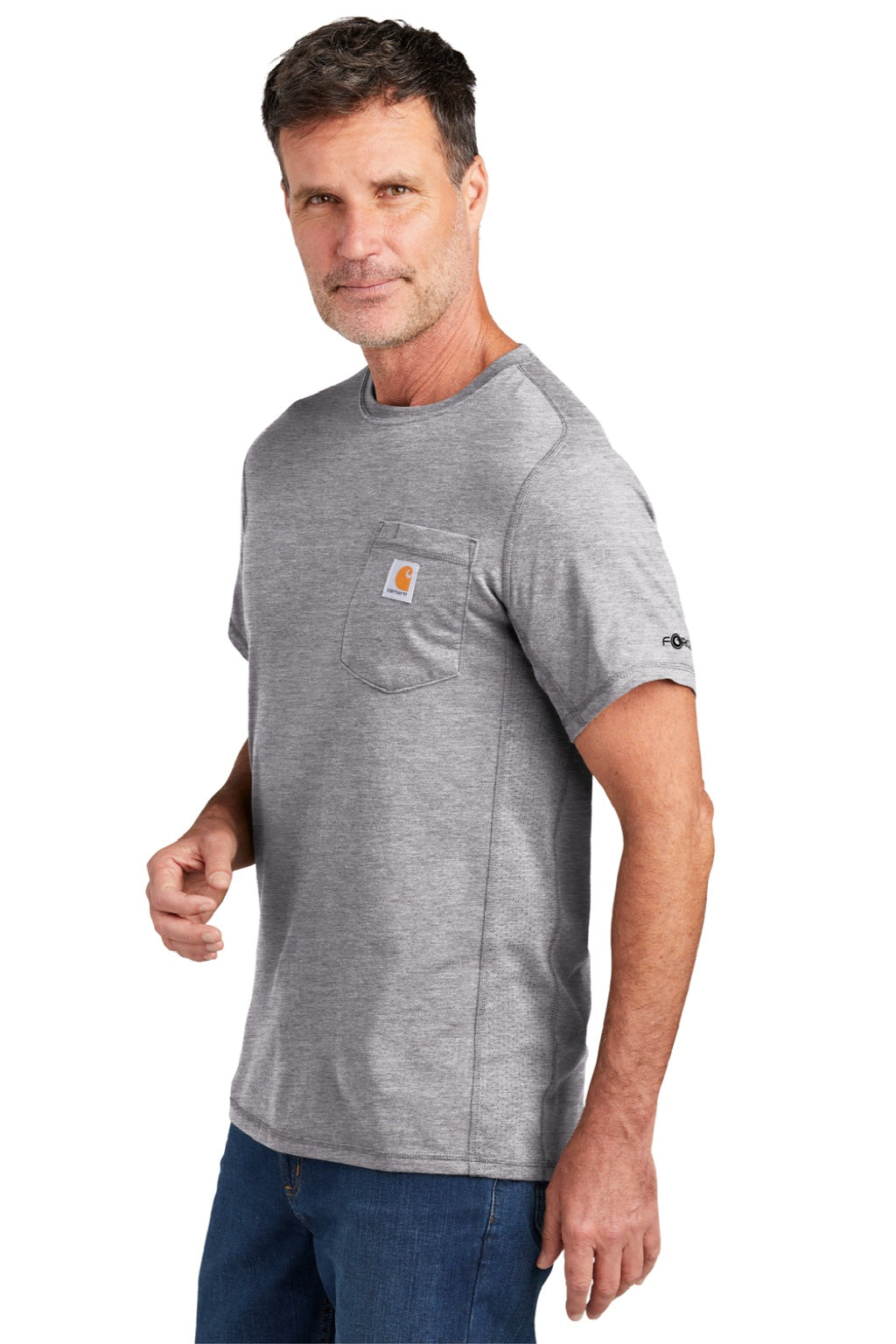 Carhartt CT104616/CT106652 Mens Force Moisture Wicking Short Sleeve Crewneck T-Shirt w/ Pocket Heather Grey Model Side