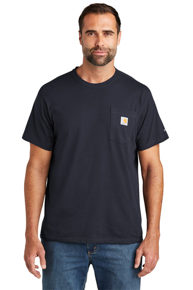 Carhartt CT104616 Mens Force Moisture Wicking Short Sleeve Crewneck T-Shirt w/ Pocket Navy Blue Model Front