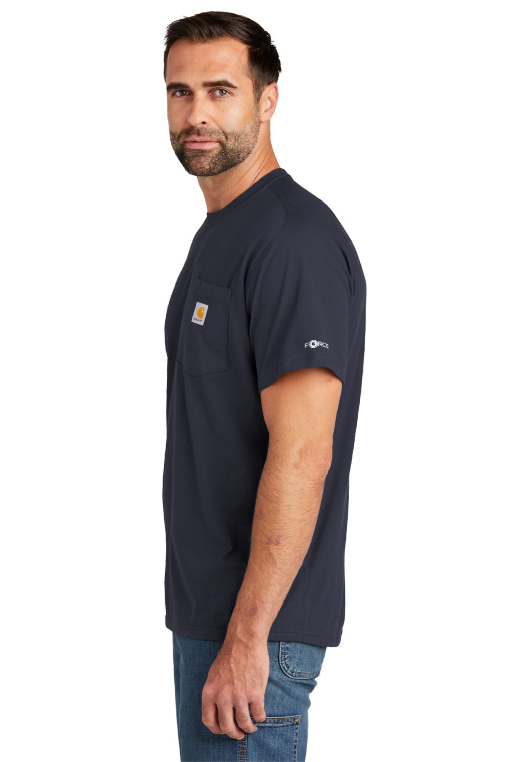 Carhartt CT104616/CT106652 Mens Force Moisture Wicking Short Sleeve Crewneck T-Shirt w/ Pocket Navy Blue Model Side