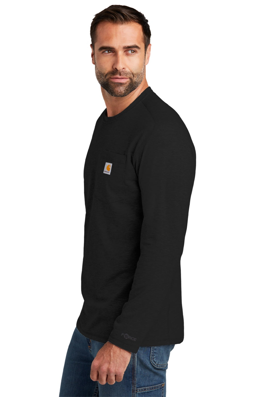Carhartt CT104617/CT106656 Mens Force Moisture Wicking Long Sleeve Crewneck T-Shirt w/ Pocket Black Model Side