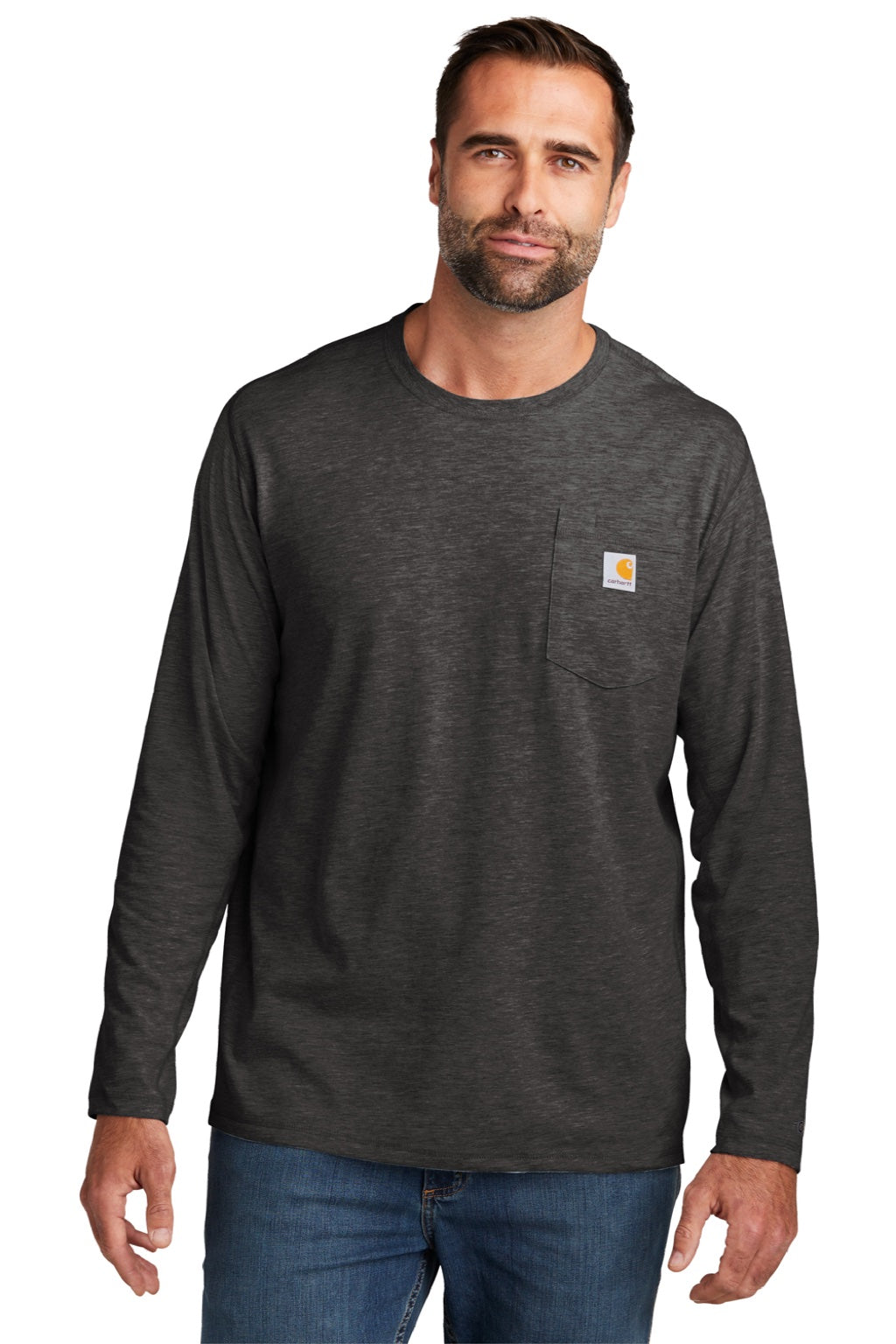 Carhartt CT104617/CT106656 Mens Force Moisture Wicking Long Sleeve Crewneck T-Shirt w/ Pocket Heather Carbon Grey Model Front