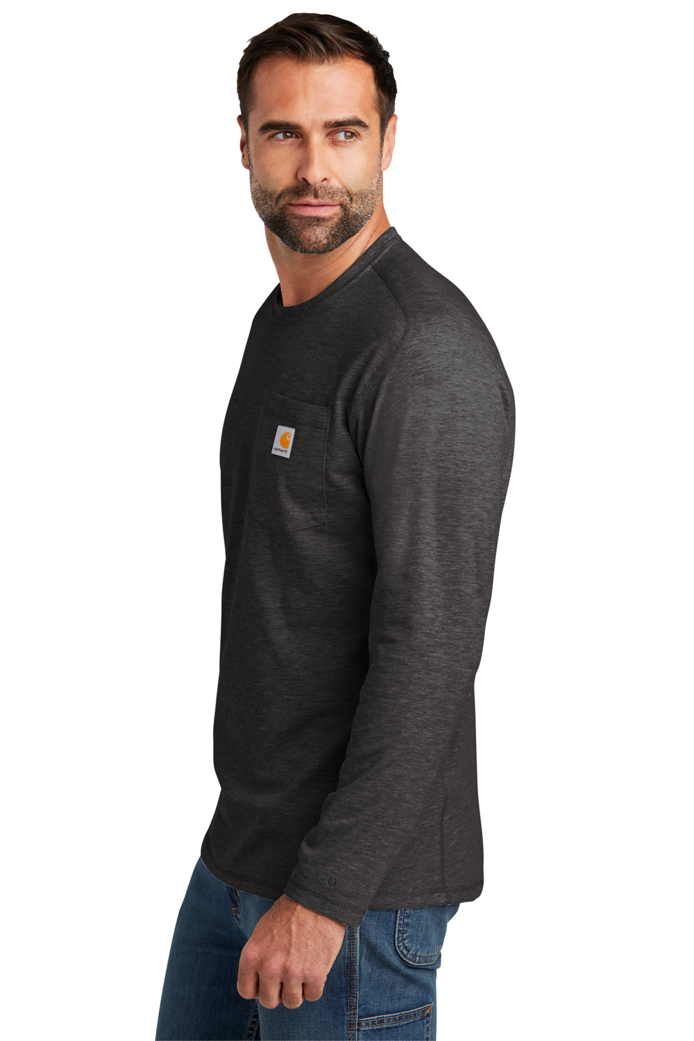 Carhartt CT104617 Mens Force Moisture Wicking Long Sleeve Crewneck T-Shirt w/ Pocket Heather Carbon Grey Model Side