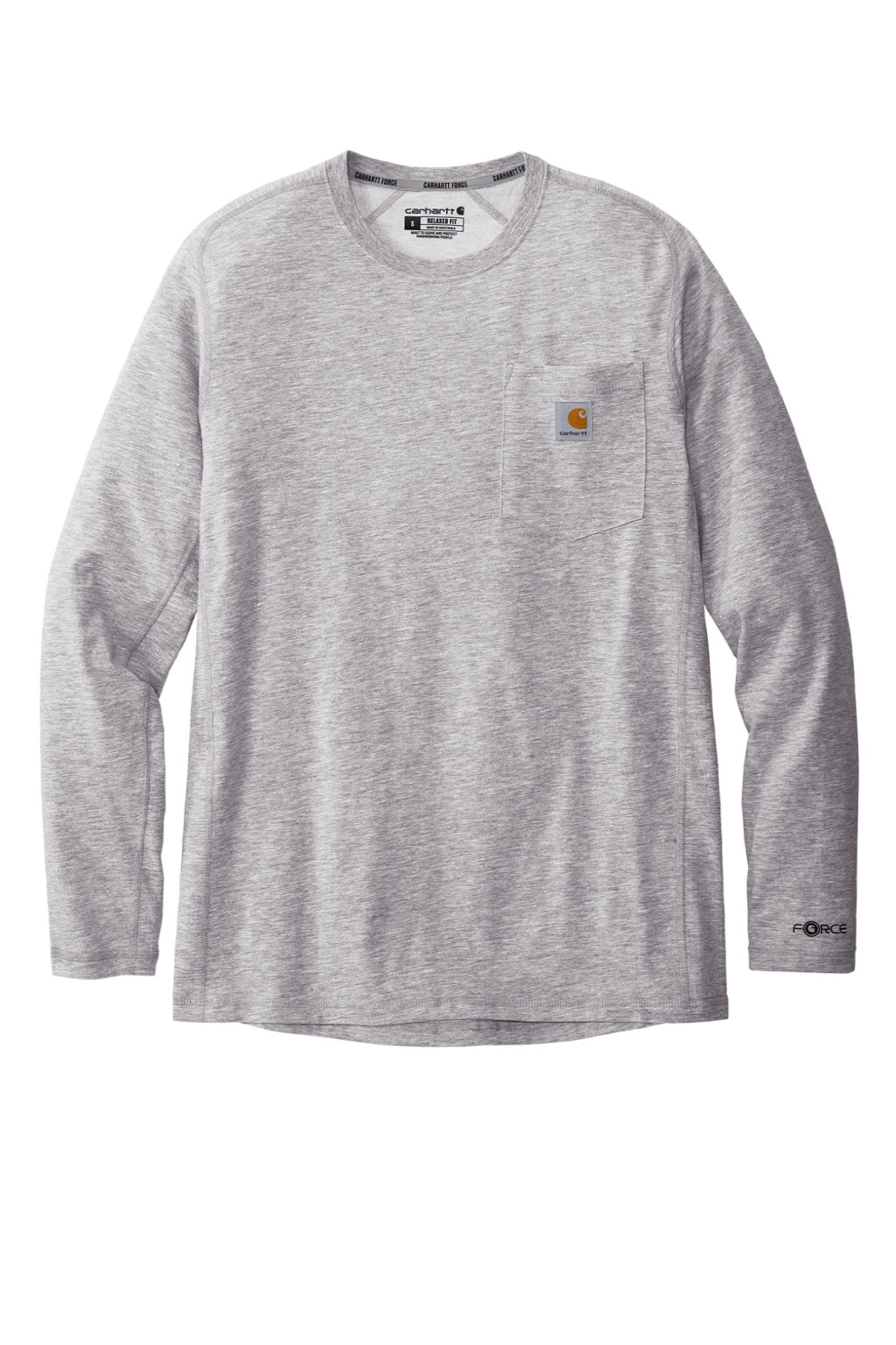 Carhartt CT104617/CT106656 Mens Force Moisture Wicking Long Sleeve Crewneck T-Shirt w/ Pocket Heather Grey Flat Front
