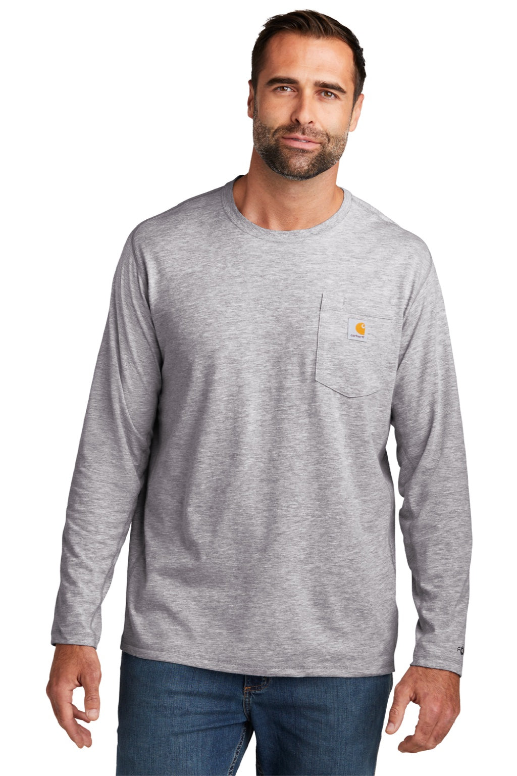 Carhartt CT104617/CT106656 Mens Force Moisture Wicking Long Sleeve Crewneck T-Shirt w/ Pocket Heather Grey Model Front