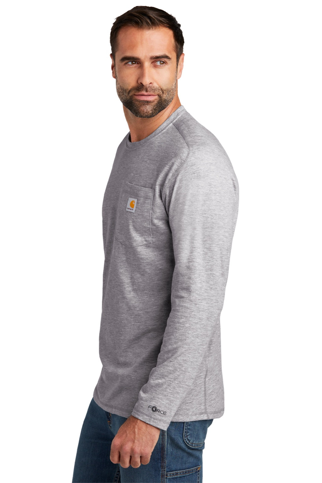 Carhartt CT104617/CT106656 Mens Force Moisture Wicking Long Sleeve Crewneck T-Shirt w/ Pocket Heather Grey Model Side