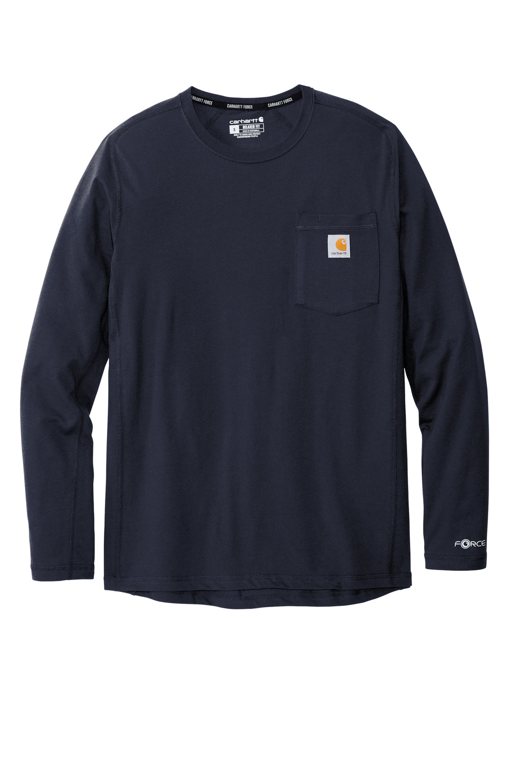 Carhartt CT104617 Mens Force Moisture Wicking Long Sleeve Crewneck T-Shirt w/ Pocket Navy Blue Flat Front