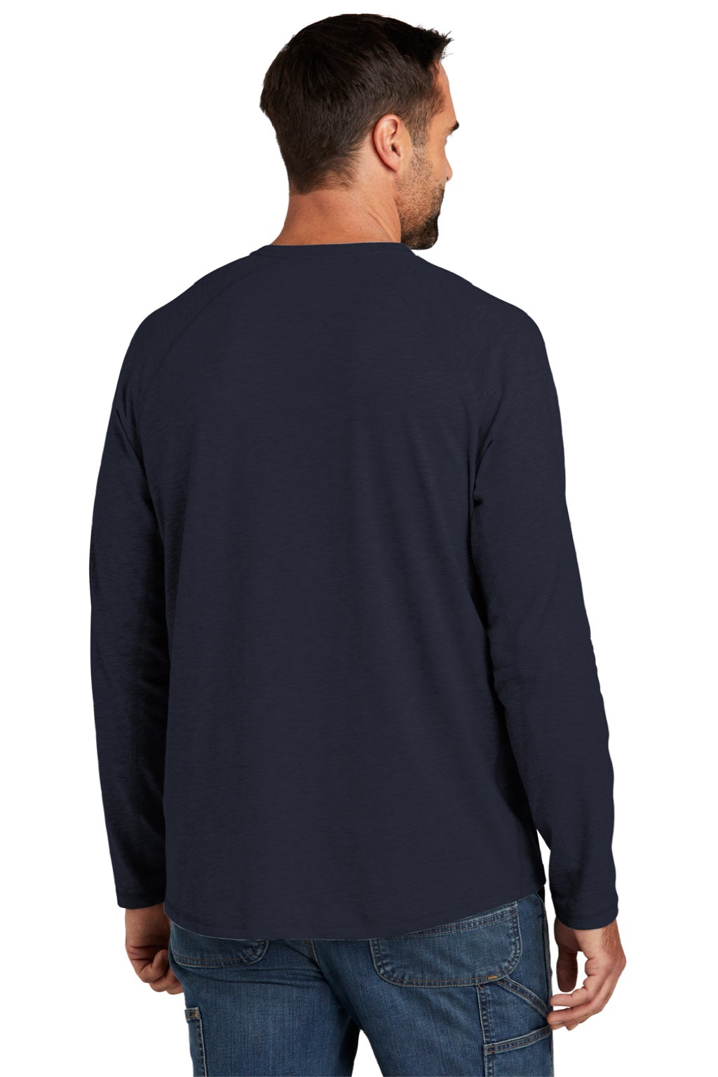 Carhartt CT104617/CT106656 Mens Force Moisture Wicking Long Sleeve Crewneck T-Shirt w/ Pocket Navy Blue Model Back