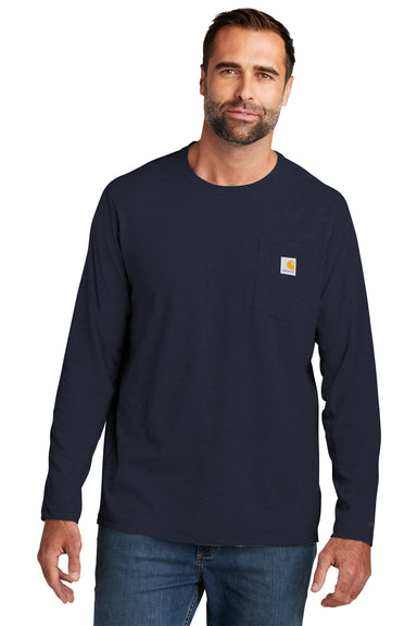 Carhartt CT104617 Mens Force Moisture Wicking Long Sleeve Crewneck T-Shirt w/ Pocket Navy Blue Model Front