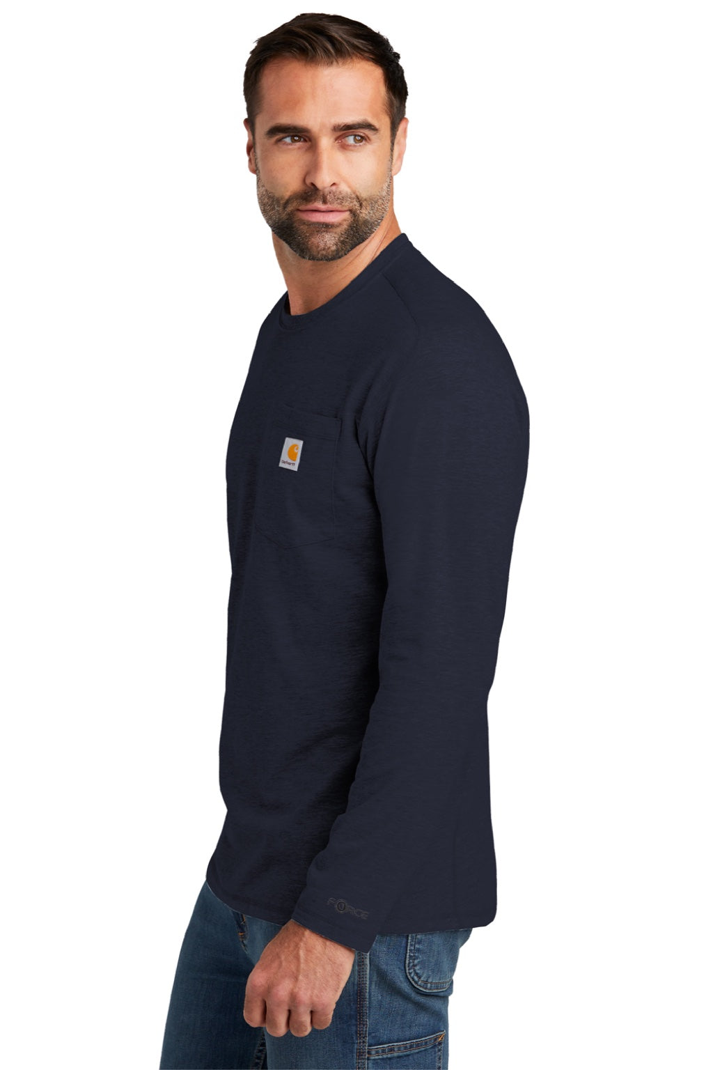Carhartt CT104617/CT106656 Mens Force Moisture Wicking Long Sleeve Crewneck T-Shirt w/ Pocket Navy Blue Model Side