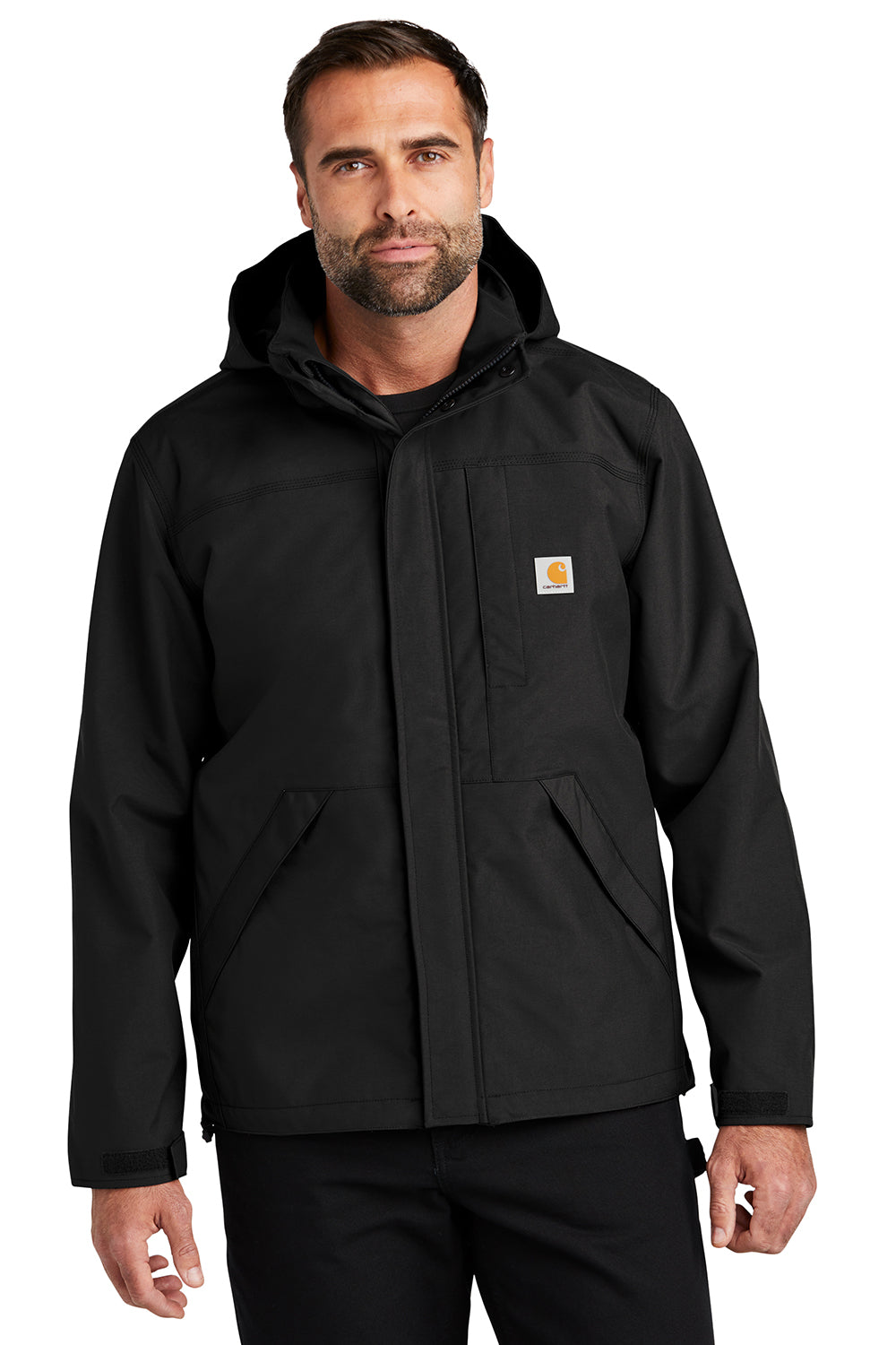 Carhartt CT104670 Mens Storm Defender Shoreline Waterproof Full Zip Hooded Jacket Black Model Front