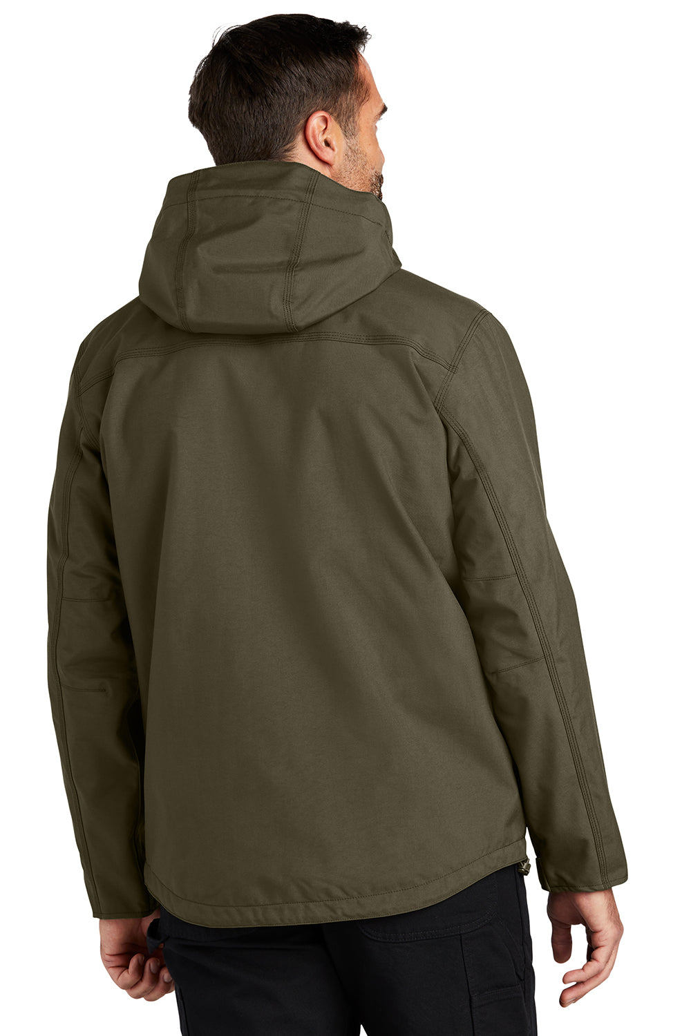 Carhartt CT104670 Mens Storm Defender Shoreline Waterproof Full Zip Hooded Jacket Moss Green Model Back