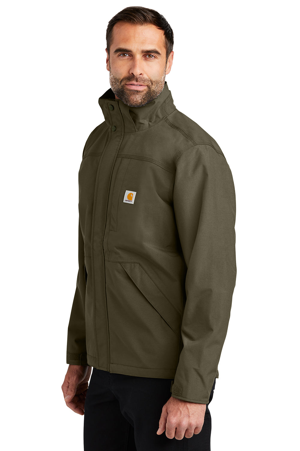 Carhartt CT104670 Mens Storm Defender Shoreline Waterproof Full Zip Hooded Jacket Moss Green Model Side