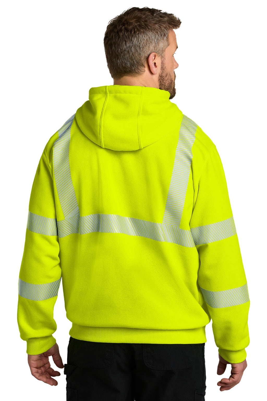 Carhartt CT104987 Mens ANSI 107 Class 3 Water Resistant Hooded Sweatshirt Hoodie w/ Pouch Pocket Bright Lime Green Model Back