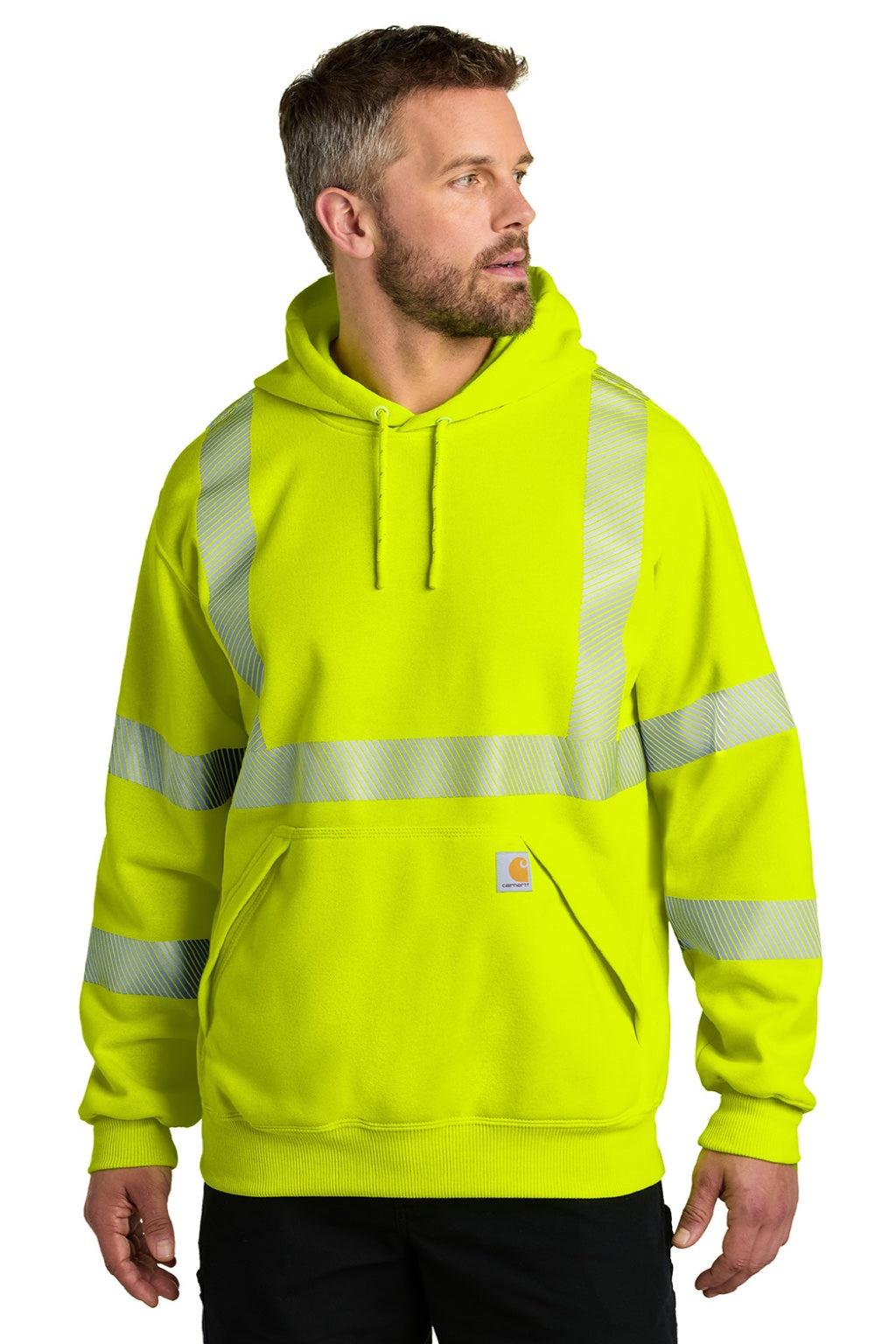 Carhartt CT104987 Mens ANSI 107 Class 3 Water Resistant Hooded Sweatshirt Hoodie w/ Pouch Pocket Bright Lime Green Model Front