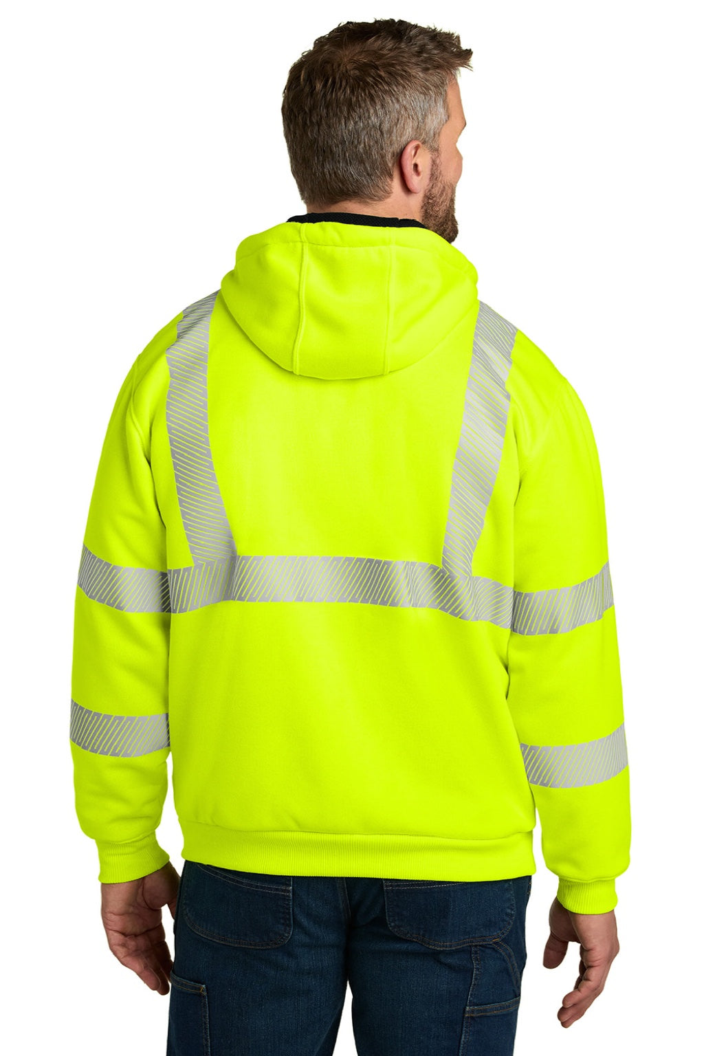 Carhartt CT104988 Mens ANSI 107 Class 3 Water Resistant Full Zip Hooded Sweatshirt Hoodie w/ Pockets Bright Lime Green Model Back