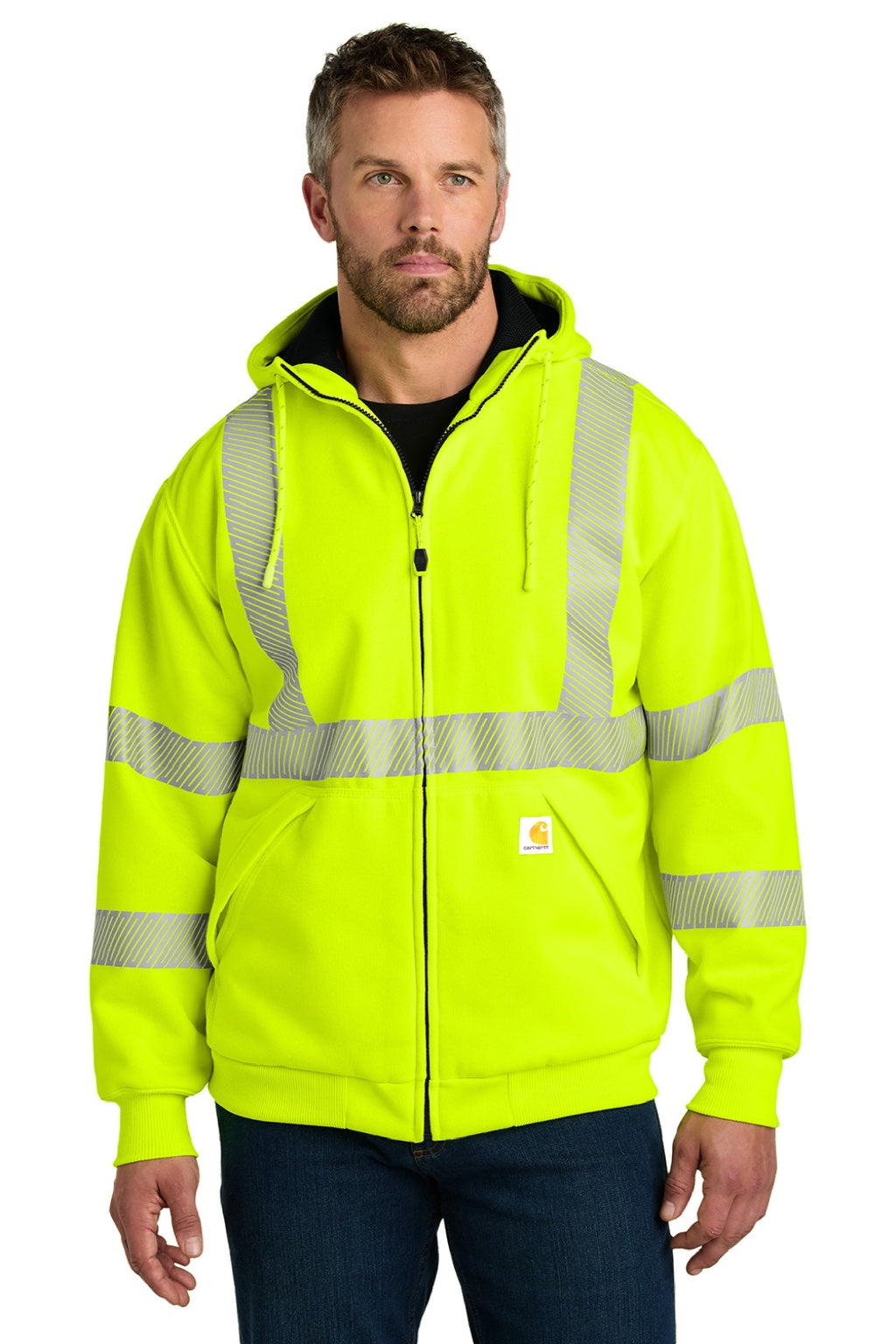 Carhartt CT104988 Mens ANSI 107 Class 3 Water Resistant Full Zip Hooded Sweatshirt Hoodie w/ Pockets Bright Lime Green Model Front