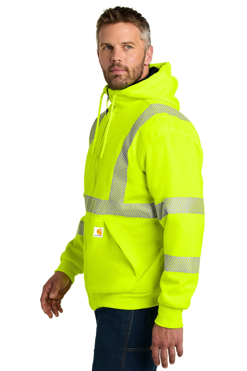 Carhartt CT104988 Mens ANSI 107 Class 3 Water Resistant Full Zip Hooded Sweatshirt Hoodie w/ Pockets Bright Lime Green Model Side